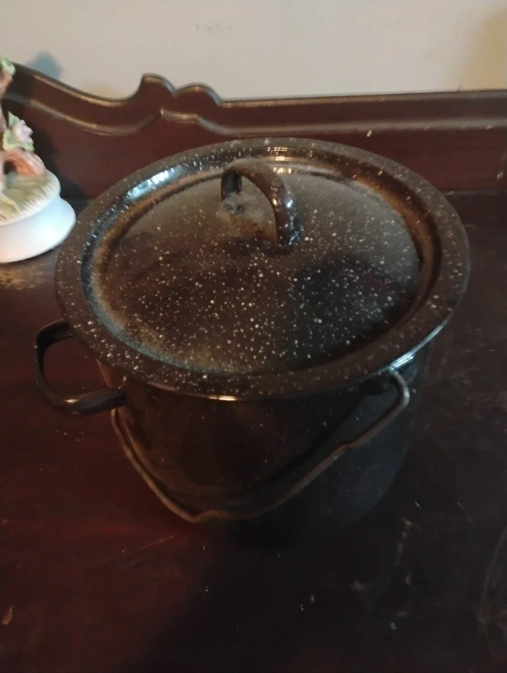 Vintage Black Speckled Enamelware Pot with Lid and Bail Handle